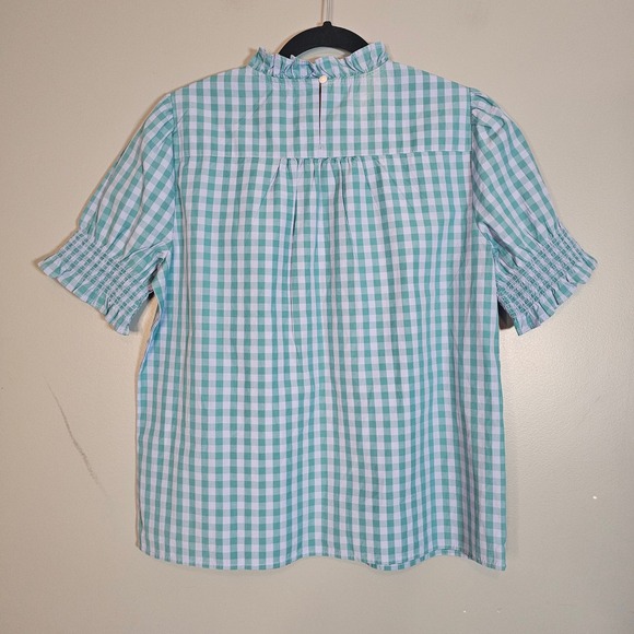 J.Crew Gingham Ruffle Neck Smocked Puff Sleeve Cotton Poplin Blouse Women's S - Picture 2 of 6